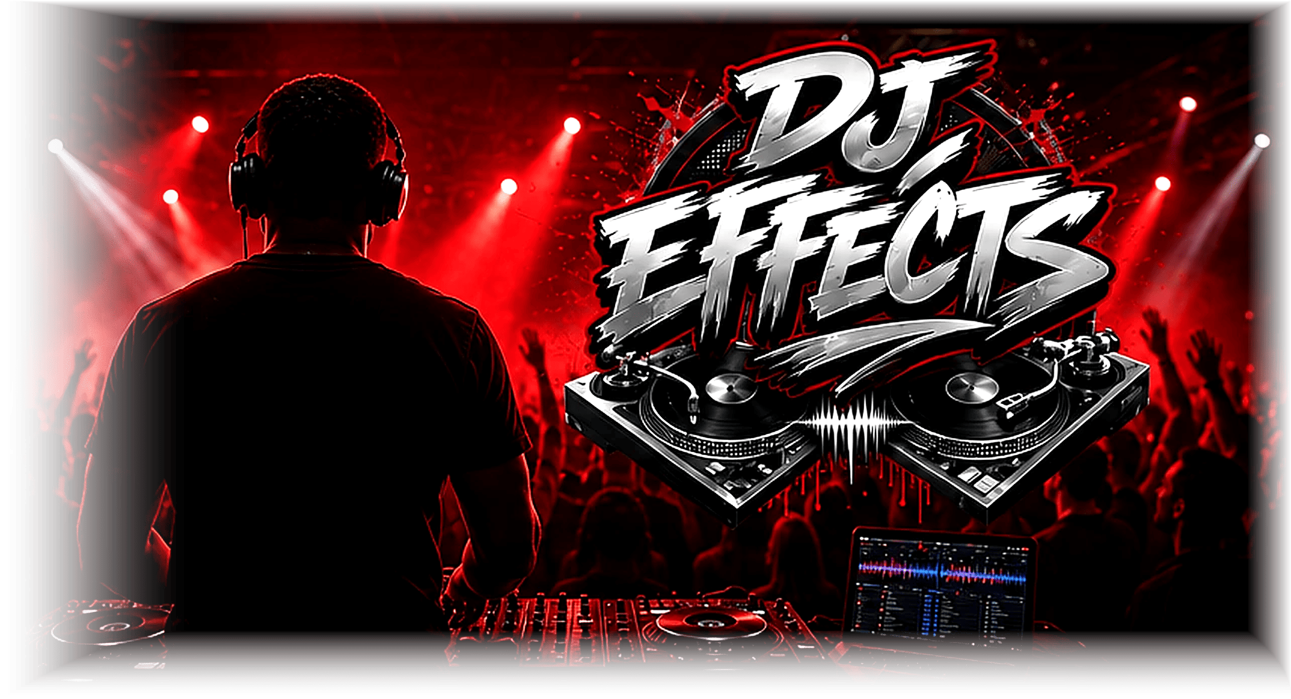 DJ Effects — professional DJ facing the crowd with the DJ Effects logo and turntables
