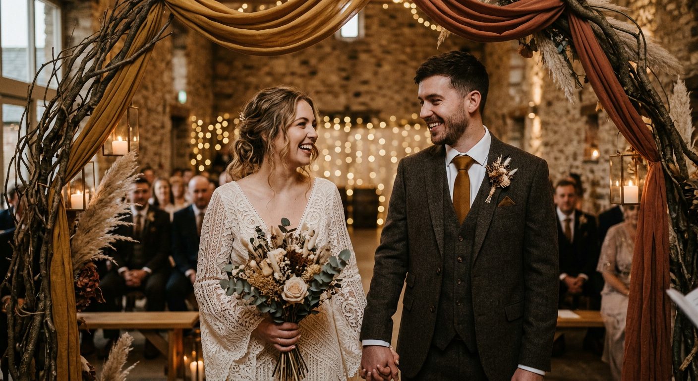 Bride and groom holding hands at their wedding ceremony